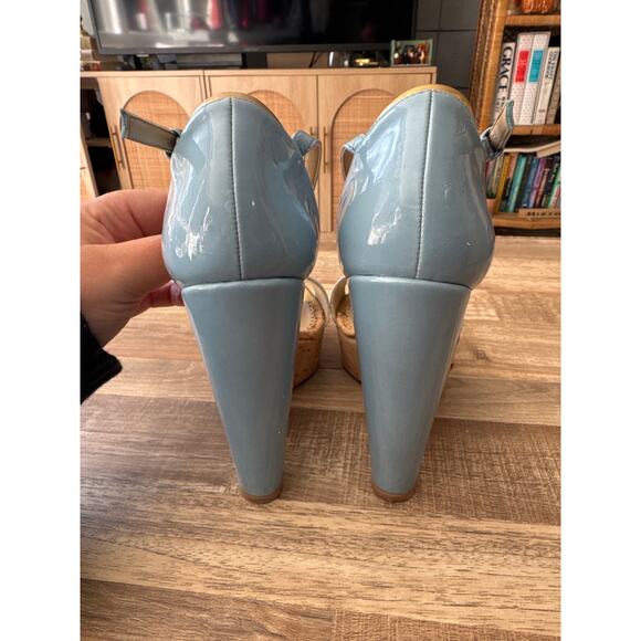 Women's Designer Stella McCartney D'Orsay Patent Cork Wedge, Sky size 36 Glam - Picture 5 of 10